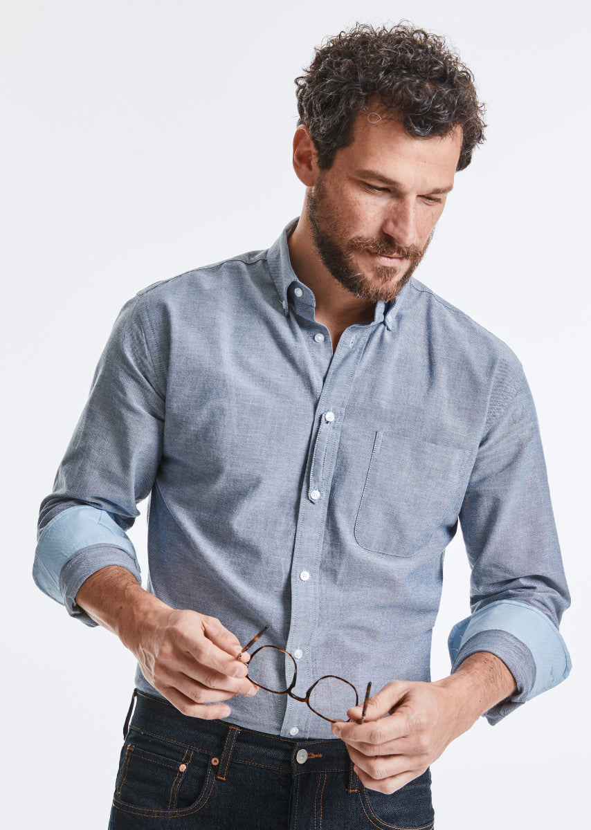 Elegant luxury organic cotton long sleeve oxford shirt featuring stylish contrast details, available in sizes XS to 3XL, designed for lasting comfort and effortless care.