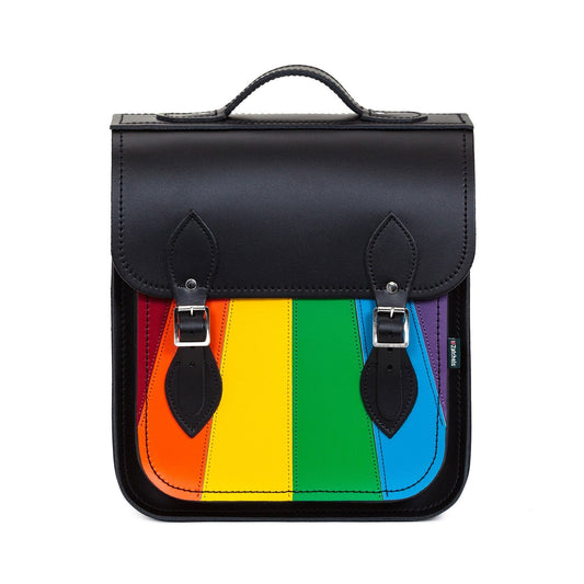 Elegant Handmade Leather Pride Rainbow City Backpack in vibrant rainbow colours, showcasing luxurious craftsmanship and a chic design, ideal for fashion-forward individuals.
