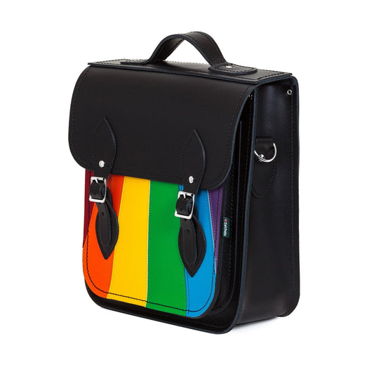 Close-up of the exquisite leather detailing on the Handmade Leather Pride Rainbow City Backpack, highlighting the unique textures and premium quality for a sophisticated look.