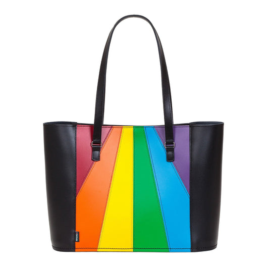 Elegant handmade leather tote bag featuring the vibrant Pride Rainbow Flag design, perfect for stylish and conscious consumers.