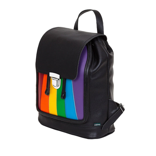 Stylish close-up of the leather texture and push-lock fastening of a luxurious Pride-themed backpack.