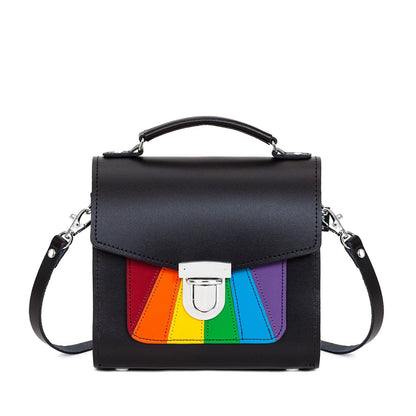 Elegant Handmade Leather Sugarcube Handbag showcasing the Pride Rainbow Flag design, symbolising inclusivity and love.