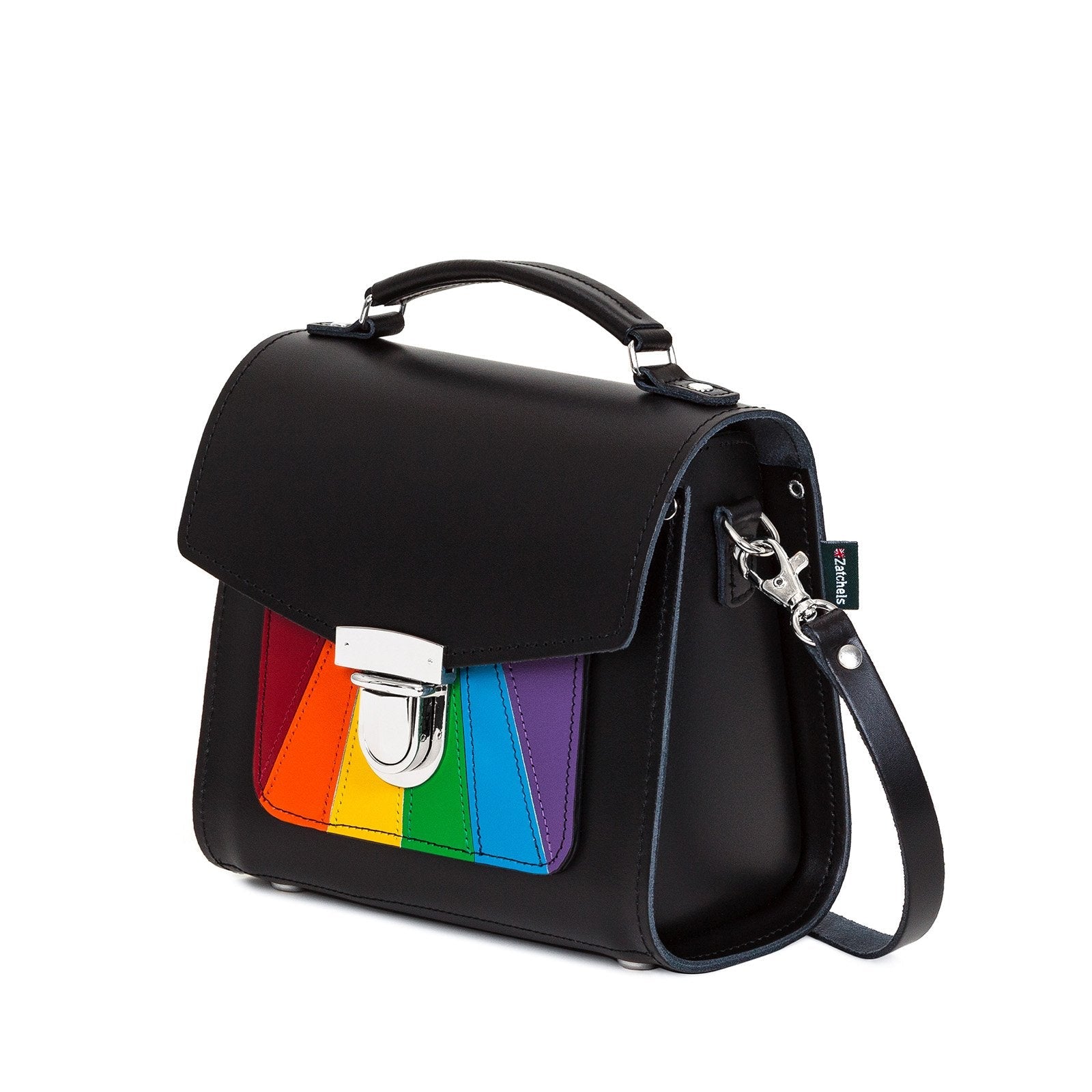 Versatile Handmade Leather Sugarcube Handbag with adjustable strap, featuring stunning rainbow detailing and luxurious craftsmanship.