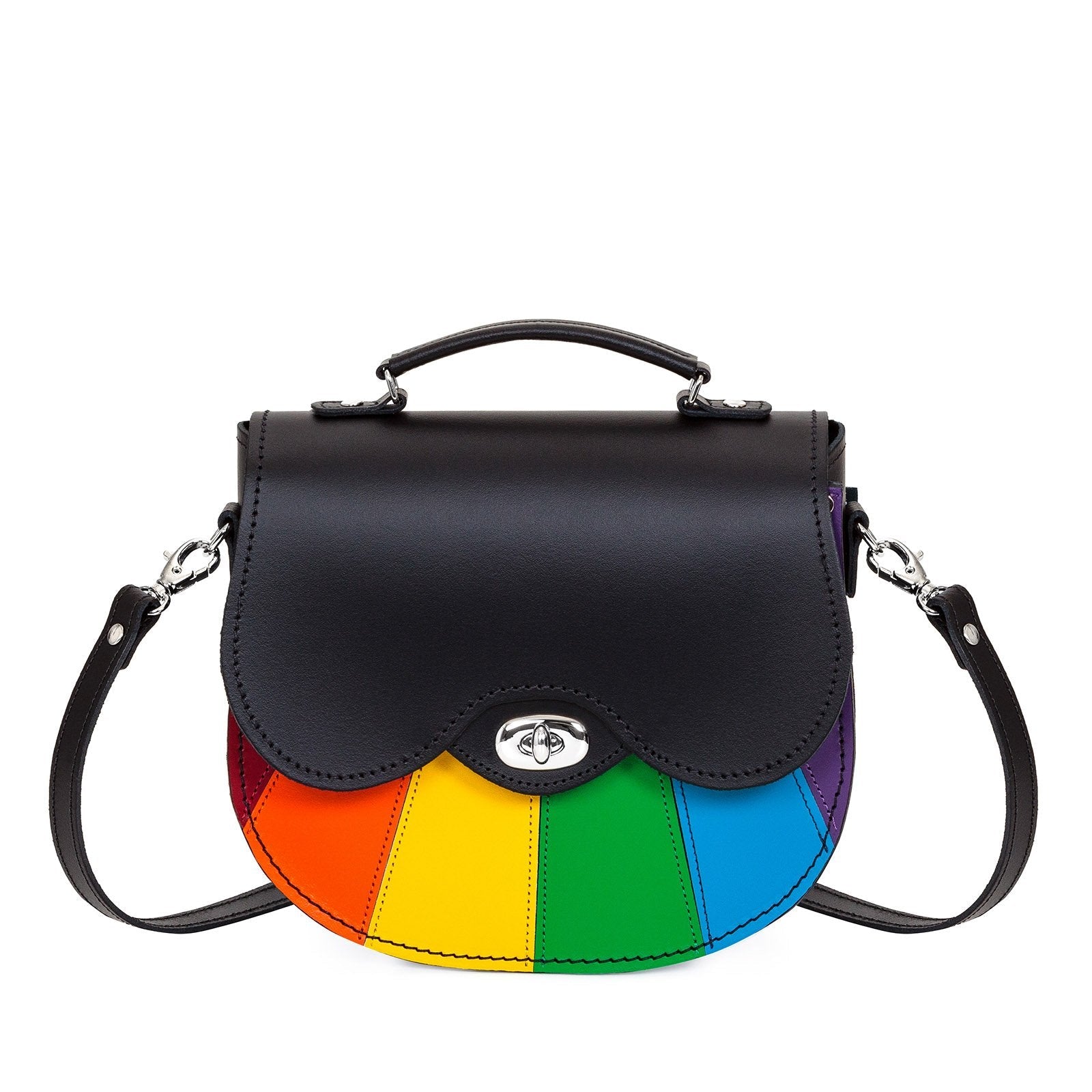 Handmade Leather Twist Lock Saddle Bag featuring a vibrant Pride rainbow flag design, crafted in England, measuring 22cm x 20cm - a luxurious fashion accessory symbolizing diversity and inclusion.