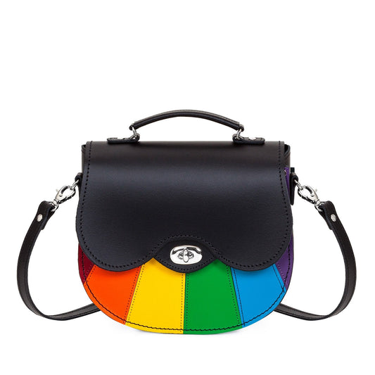 Handmade Leather Twist Lock Saddle Bag featuring a vibrant Pride rainbow flag design, crafted in England, measuring 22cm x 20cm - a luxurious fashion accessory symbolizing diversity and inclusion.
