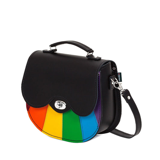 Handmade Leather Twist Lock Saddle Bag featuring a vibrant Pride rainbow flag design, perfect for stylish and inclusive accessorizing.