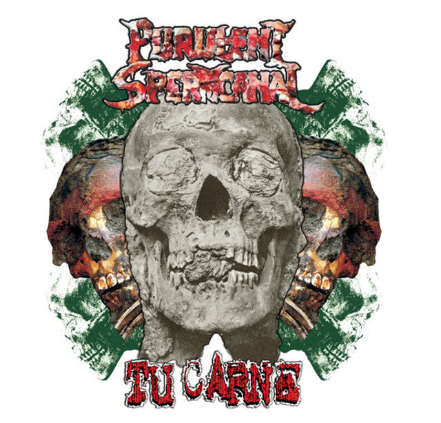 Purulent Spermcanal and Tu Carne Split CD album cover featuring goregrind genre elements, released by Rancid Offal Records in 2020.