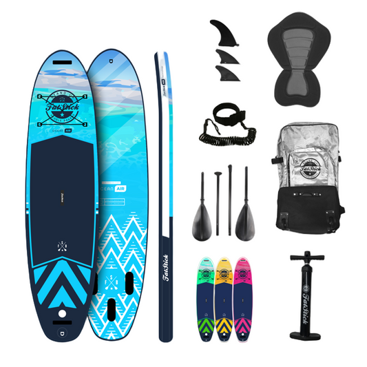 Pure Art 10'6" inflatable stand-up paddle board package showcasing its elegant design, complete with adaptive kayak seat and essential accessories for a superior paddling experience.