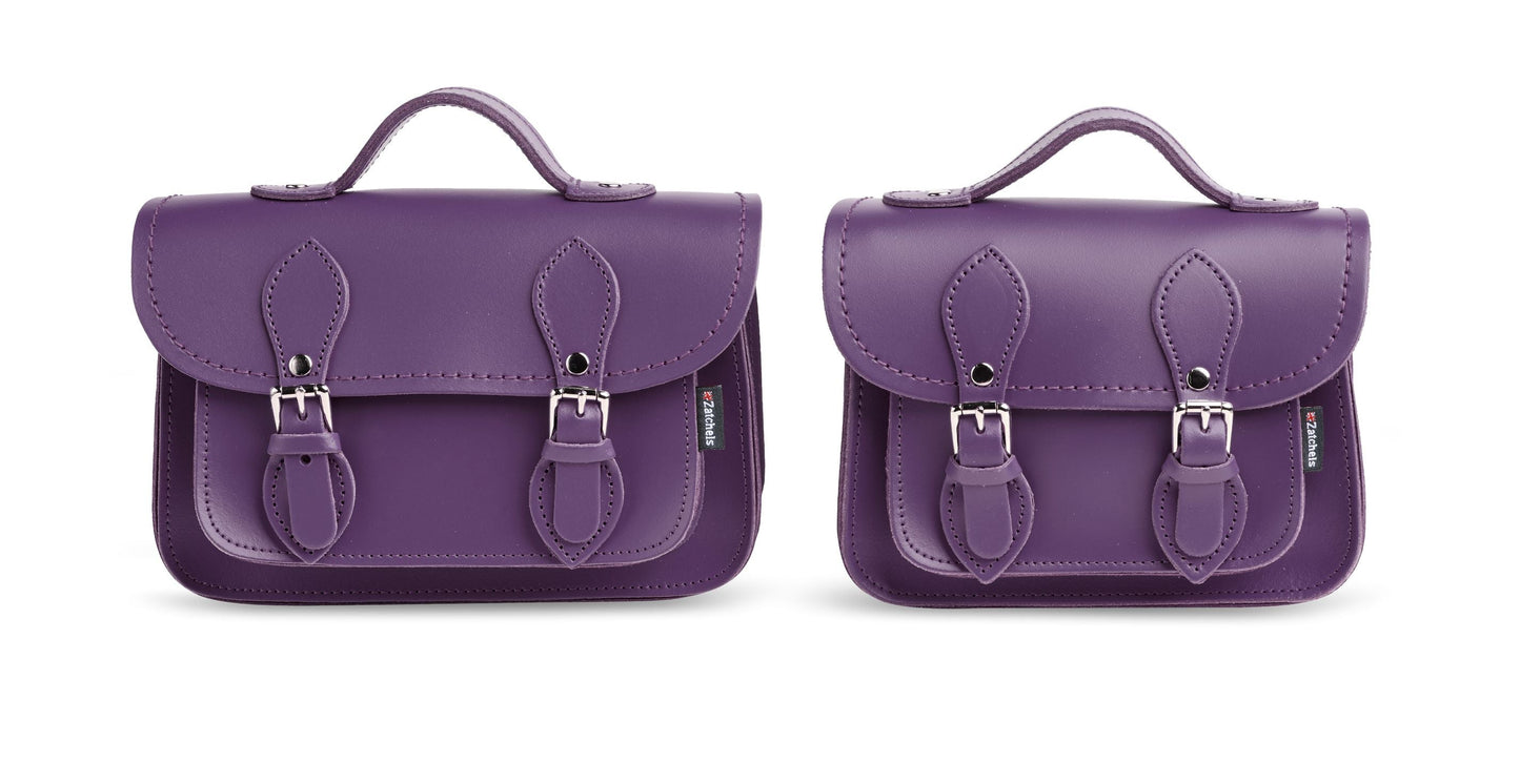 Versatile handmade purple leather micro satchel worn as a crossbody bag, highlighting its adjustable strap and small plus size options for fashion-forward individuals.