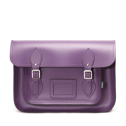 Luxury Handmade Purple Leather Satchel, showcasing exquisite British craftsmanship with polished silver nickel buckles and elegant cable stitching.