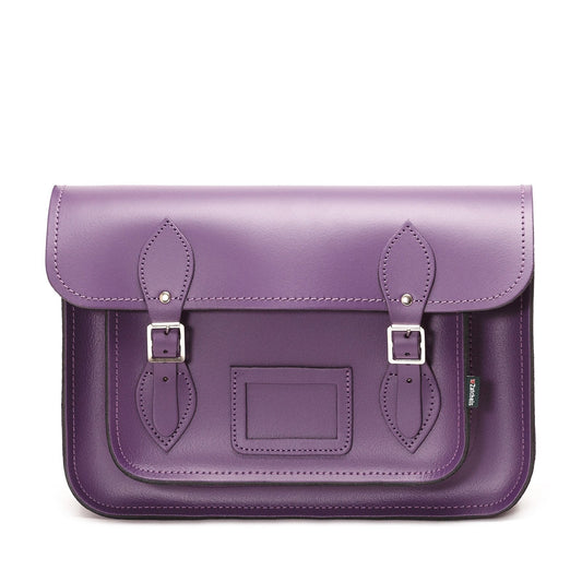 Luxury Handmade Purple Leather Satchel, showcasing exquisite British craftsmanship with polished silver nickel buckles and elegant cable stitching.
