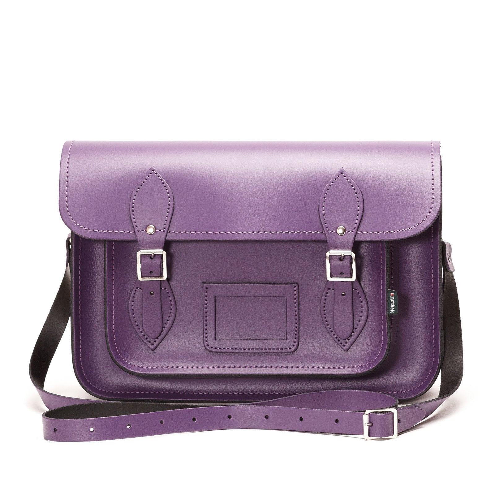 Versatile purple leather cross-body and laptop bag, perfect for professionals and students, accommodating laptops from 11.5 to 16 inches.