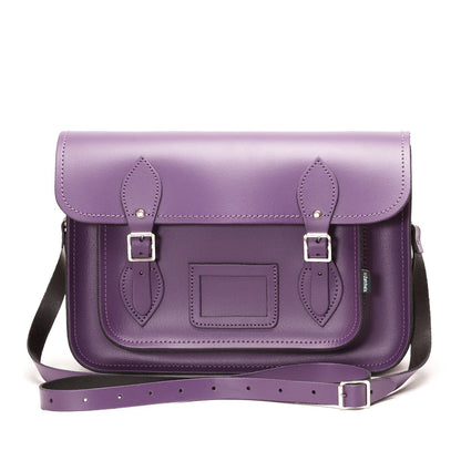 Versatile purple leather cross-body and laptop bag, perfect for professionals and students, accommodating laptops from 11.5 to 16 inches.
