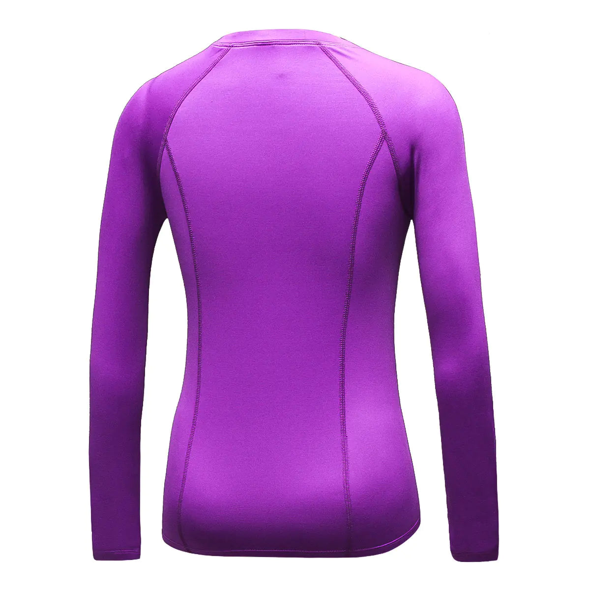 Stylish back view of a women's purple long sleeve compression running shirt, designed for maximum flexibility and breathability during workouts.
