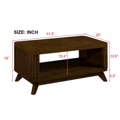 Dimensions of a luxurious walnut coffee table, showcasing its size specifications, including length, width, height, and storage space for an upscale living room design.
