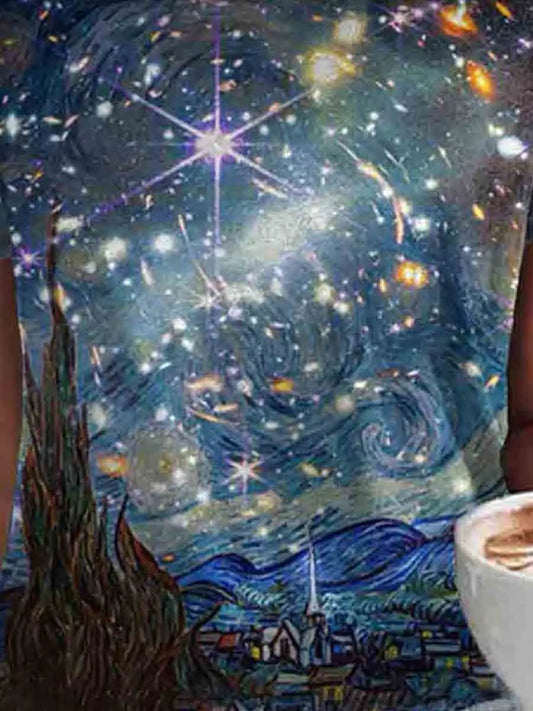 Close-up of Starry Night Art Print Women's Casual T-Shirt - Soft, Breathable, and Timeless Style, highlighting the exquisite graphic detail and artistry inspired by Van Gogh, ideal for a stylish ensemble.