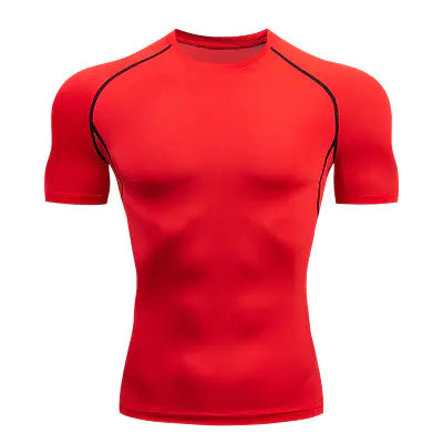 Luxurious red short sleeve spandex activewear shirt for men, crafted for optimal comfort and breathability during intense workouts.