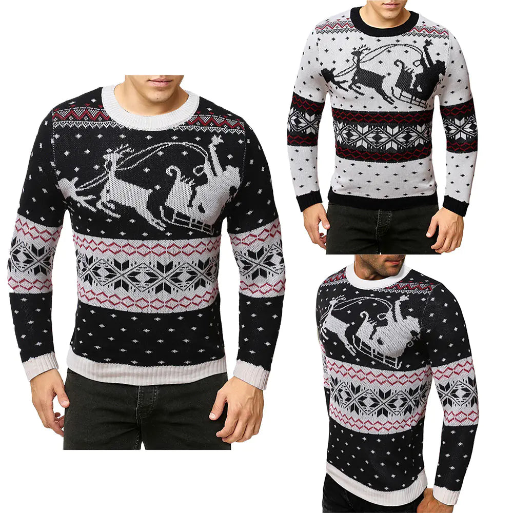 Stylish Reindeer sweater collection in black and white, showcasing festive designs suitable for winter occasions.