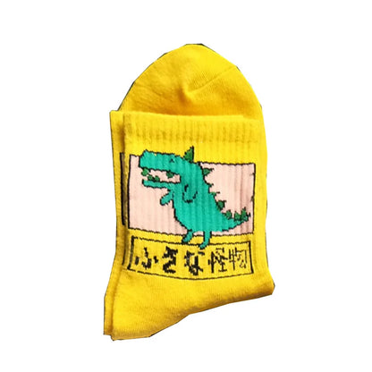 Stylish Hip Hop Long Socks for Women & Girls featuring a playful cartoon dinosaur design in vibrant yellow, crafted from a luxurious cotton and polyester blend.