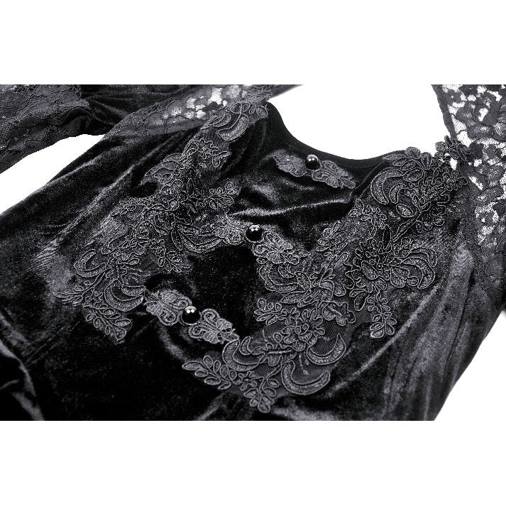 Luxurious Gothic Velvet Lace Princess Gown in Onyx by Dark in Love featuring a high neckline choker collar and enchanting keyhole cutout.