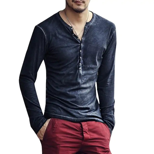 Men's Tee Shirt Button up V-Neck Long Sleeve