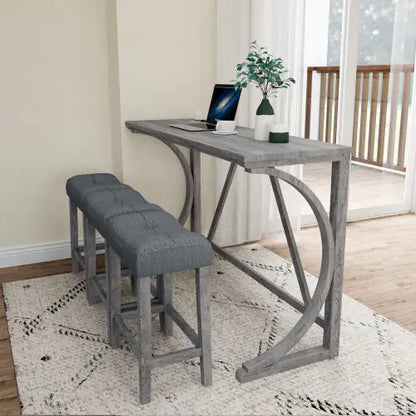 Stylish view of the Apex Artisan Bar with three plush light grey stools under a chic solid wood table, set against a bright, airy room, ideal for entertaining or as a sophisticated workstation.