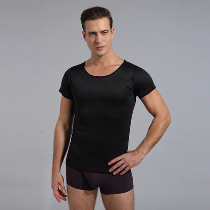 Contemporary men's short sleeve compression t-shirt in black, tailored to enhance the physique while ensuring comfort and sophistication.