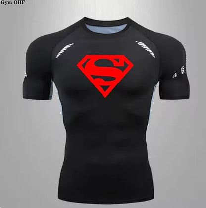 Stylish men's black compression sports t-shirt featuring a striking red Superhero logo, perfect for gym workouts and sports activities.