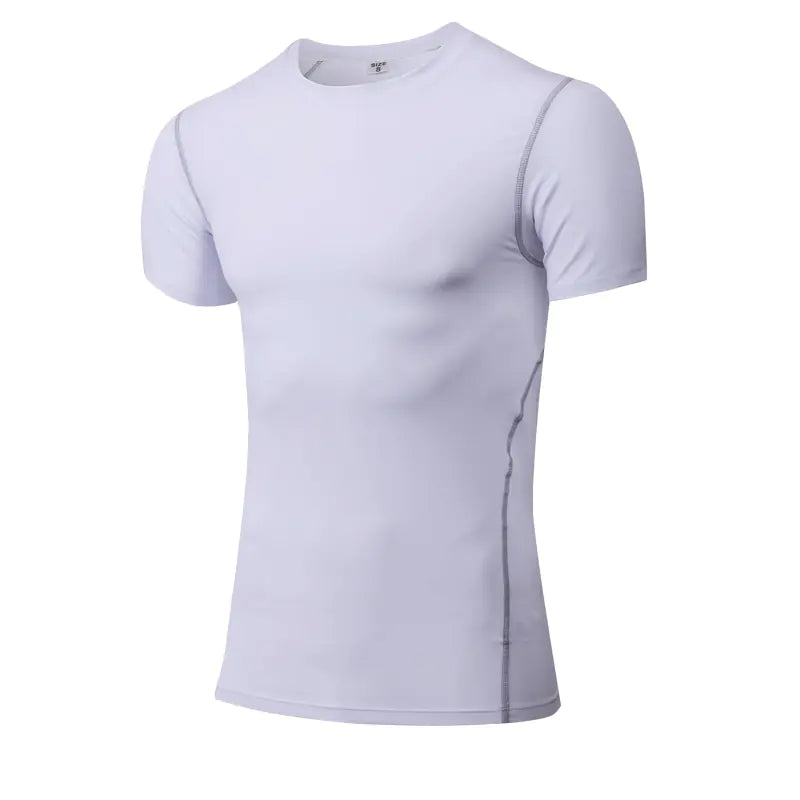 Men's luxury performance compression dry-fit short sleeve workout shirt in white, ideal for activewear and sports enthusiasts.