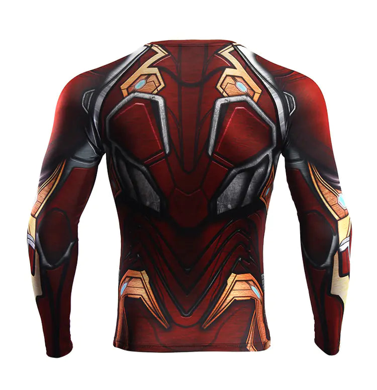 Back view of the Iron Man Compression T-Shirt featuring intricate red and gold design, perfect for fitness enthusiasts.