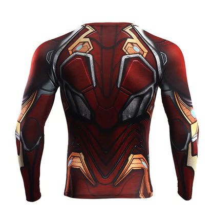 Back view of the Iron Man Compression T-Shirt featuring intricate red and gold design, perfect for fitness enthusiasts.