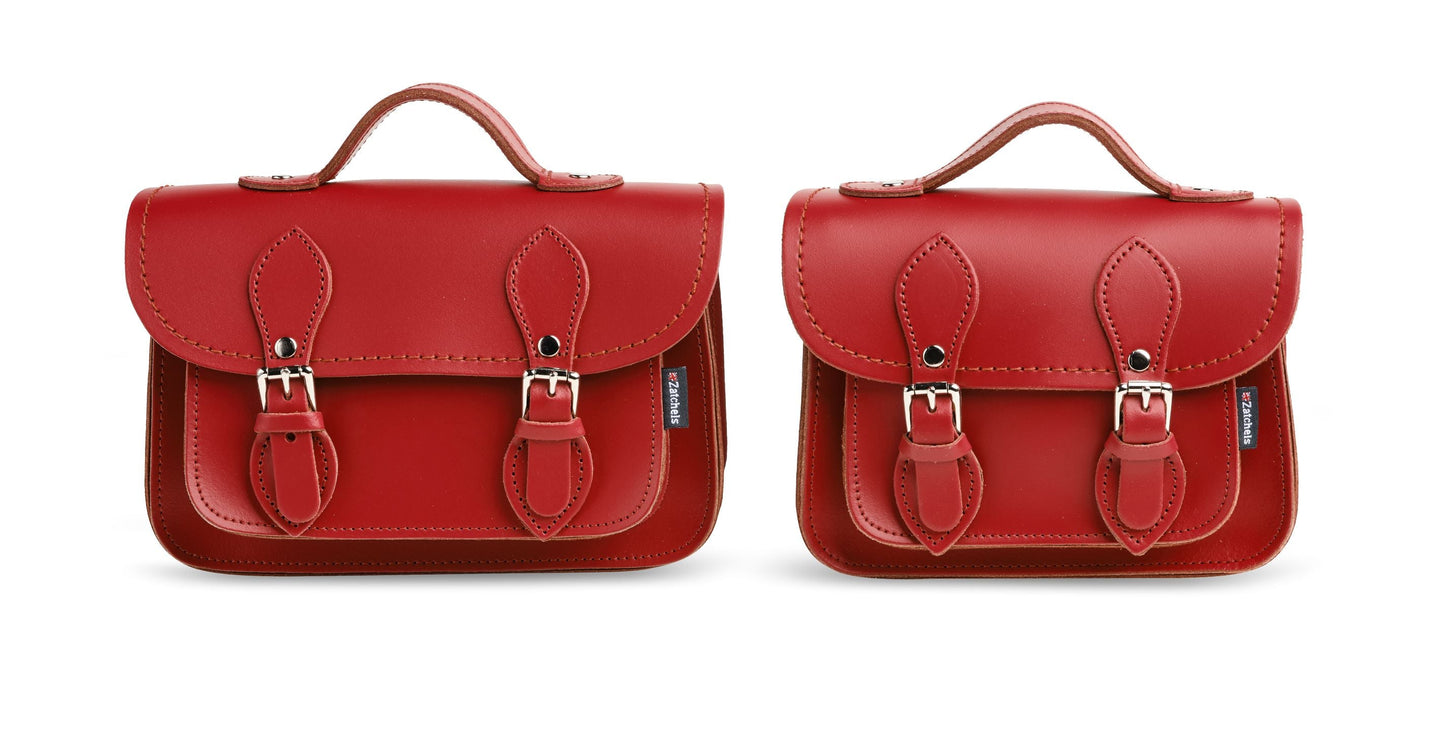 Close-up of the Handmade Red Leather Micro Satchel, highlighting quality nickel silver buckles and magnetic fastenings.