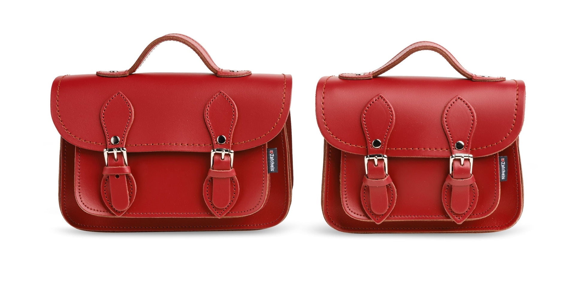Close-up of the Handmade Red Leather Micro Satchel, highlighting quality nickel silver buckles and magnetic fastenings.