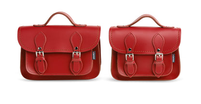 Close-up of the Handmade Red Leather Micro Satchel, highlighting quality nickel silver buckles and magnetic fastenings.