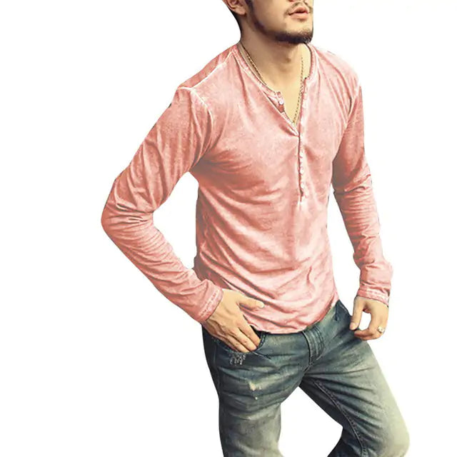 Men's Tee Shirt Button up V-Neck Long Sleeve