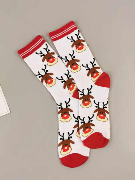 Women's Rudolph the reindeer Christmas Color Mid Tube Cotton Socks