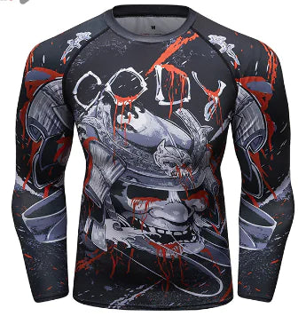 Luxury men's long sleeve compression shirt featuring striking graphic design with samurai elements and bold red accents, perfect for stylish winter fitness.