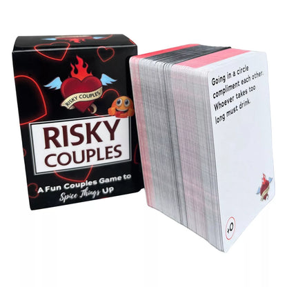 Open Risky Couples Card Game box displaying a stack of cards, each designed to encourage playful interaction and romance, suitable for adventurous couples. A Fun Couples Game to Spice Things Up.