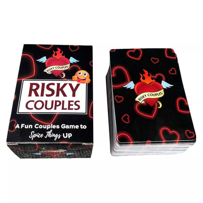 Risky Couples Card Game set featuring heart-themed cards in a stylish box, crafted for adding excitement and connection to romantic evenings. A Fun Couples Game to Spice Things Up.