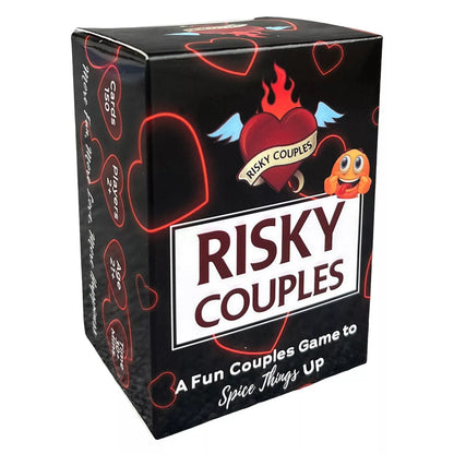 Risky Couples Card Game box, a luxurious and fun couples game to spice things up, featuring vibrant heart graphics, perfect for enhancing intimacy on special occasions.