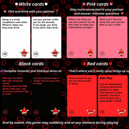 Collection of cards from the Risky Couples Card Game, showcasing various playful and flirtatious dares and questions designed for romantic connection and laughter.