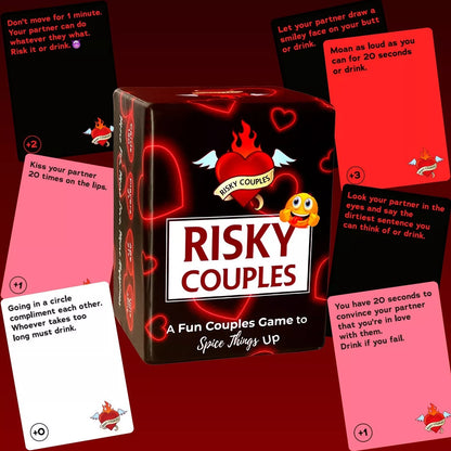 Stylish presentation of the Risky Couples Card Game with cards displayed, highlighting fun dares and relationship-building challenges for an unforgettable date night.