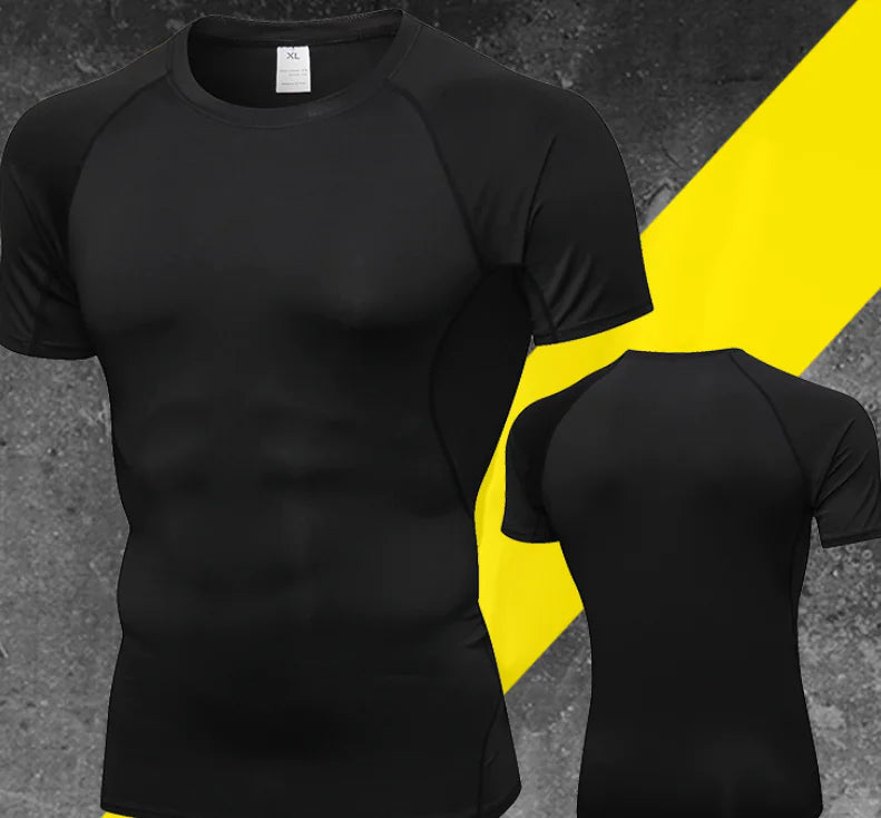 Sophisticated men's black compression shirt with a sleek design and mesh detailing, perfect for both gym sessions and casual wear.