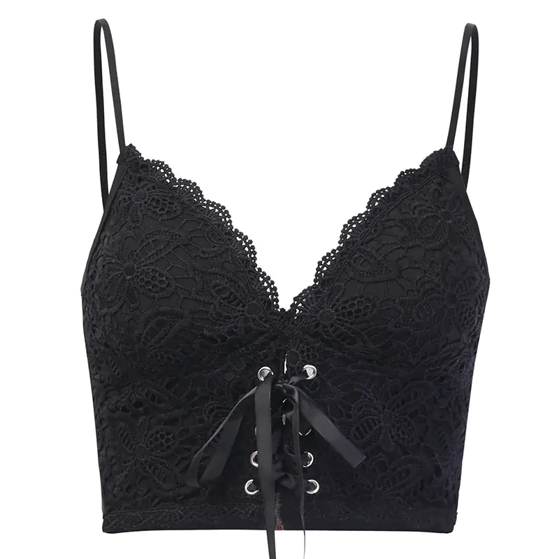 Elegant black lace tank top with a sophisticated lace pattern and stylish front lacing, ideal for glamorous occasions.