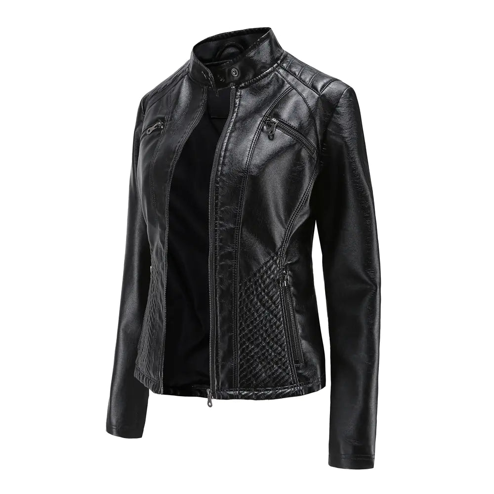 Luxury Women's Casual Leather Jacket with stand collar – Effortlessly chic leather jacket for casual outings.