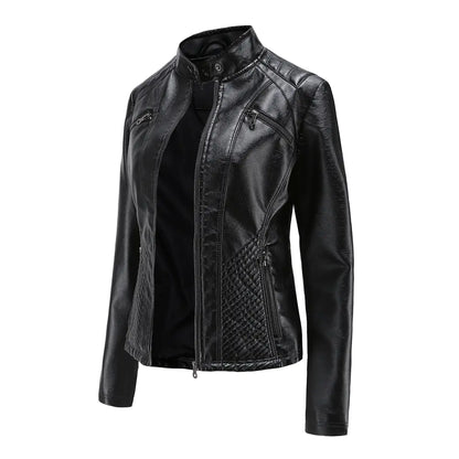 Luxury Women's Casual Leather Jacket with stand collar – Effortlessly chic leather jacket for casual outings.
