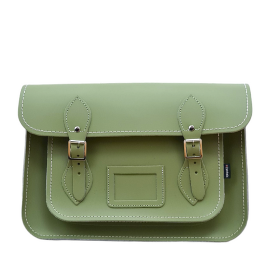Sage Green Handmade Leather Satchel showcasing premium quality craftsmanship with adjustable cross-body and shoulder strap, perfect for work or casual outings.