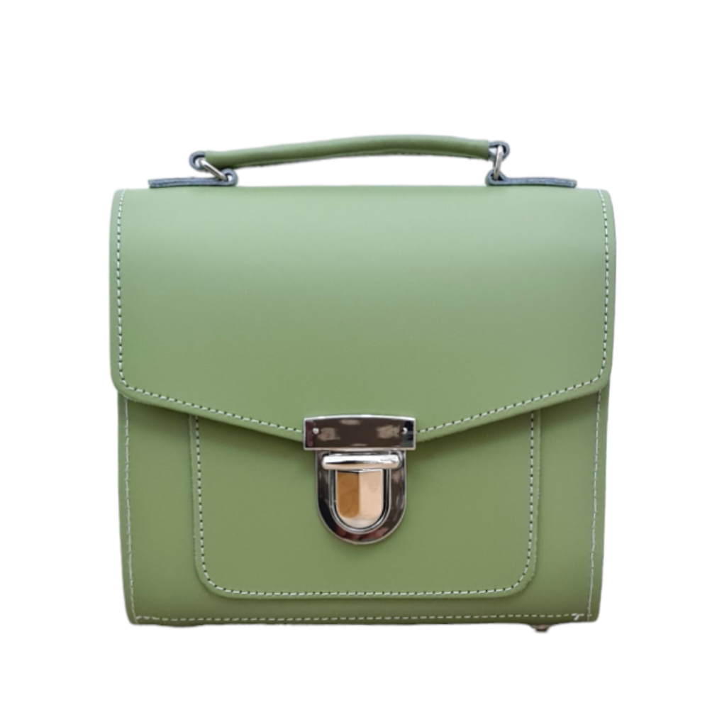 Elegant handmade sage green leather Sugarcube handbag from Zatchels, featuring adjustable crossbody strap and chic clutch design.