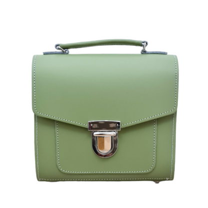 Elegant handmade sage green leather Sugarcube handbag from Zatchels, featuring adjustable crossbody strap and chic clutch design.