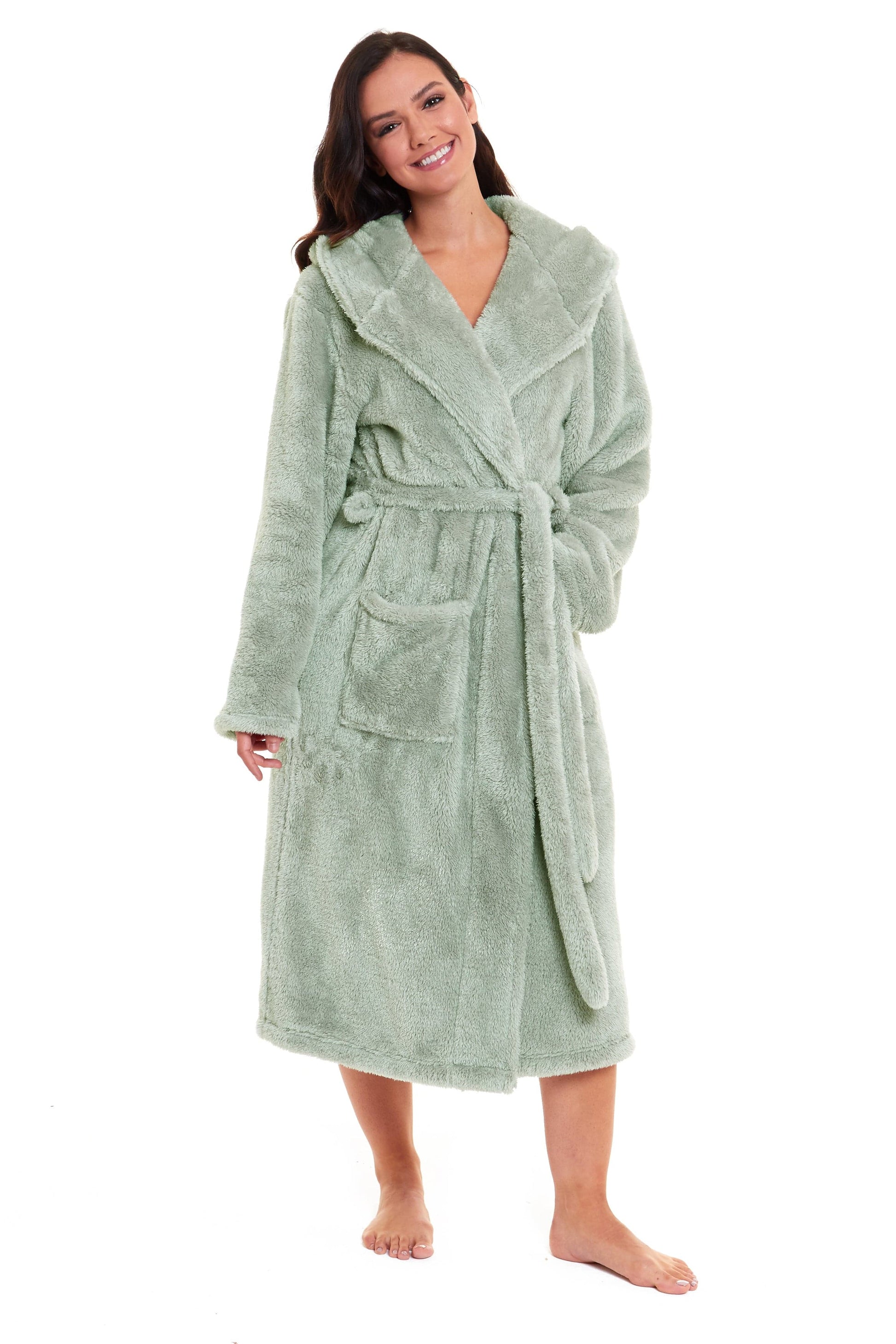 Close-up of the velvety texture of the Women's Sage Green Hooded Snuggle Fleece Robe, highlighting its plush feel and effortless elegance for a luxurious loungewear experience.